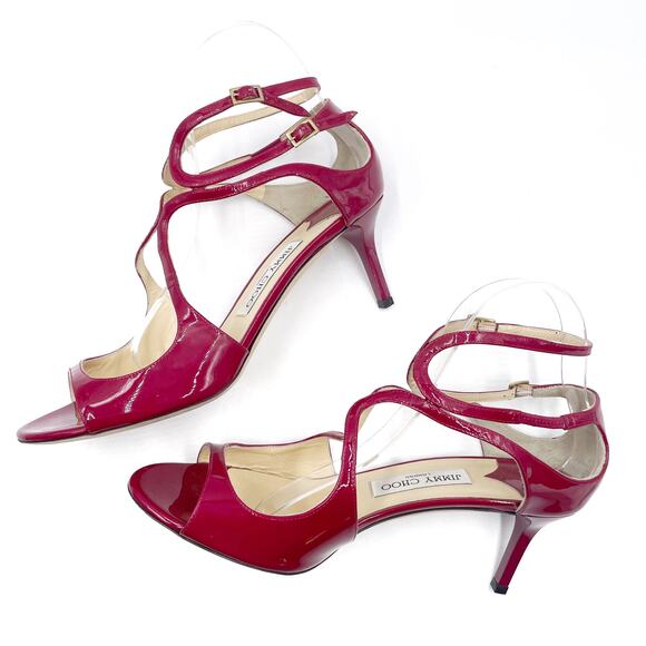 Jimmy Choo Ivette Sandals Burgundy Patent Leather Strappy Low Heels Sz 40 / 10 - Picture 8 of 11